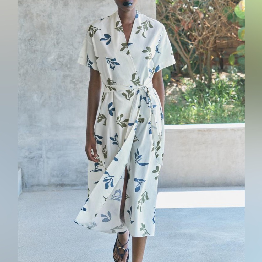 Zara White Midi Wrap Dress with Blue and Olive Leaf Print